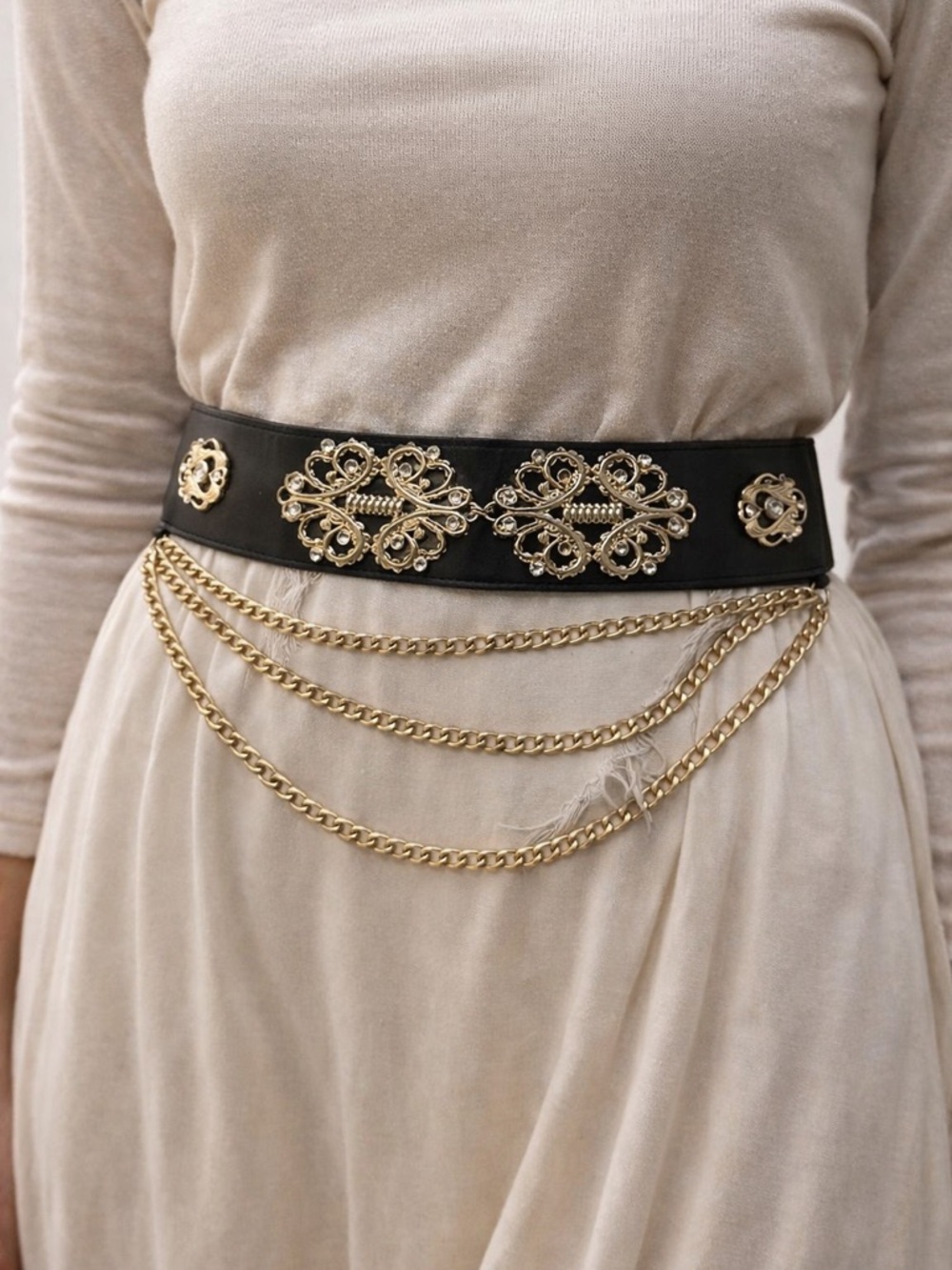 Black Elastic Waist Belt with Gold Filigree Accents